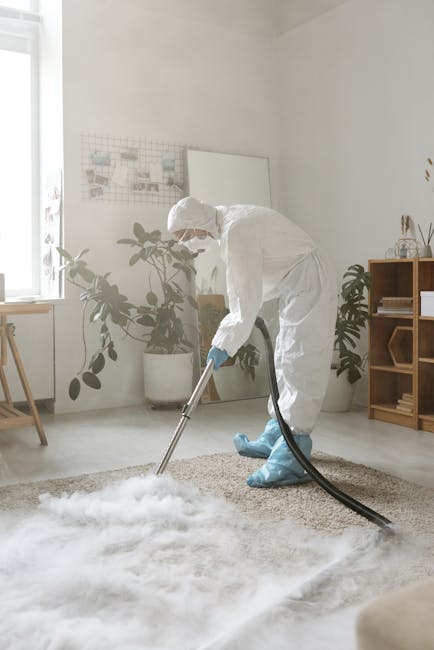 A professional cleaner dressed in white protective clothing, including a hood, gloves, and blue shoe covers, is using a vacuum cleaner with a long wand to deep clean a plush, beige carpet in a bright, minimalist living room. The room features white walls, natural light coming through a window, a wooden side table, and a shelving unit with decorative items. Large potted plants add greenery to the space. The scene emphasizes thorough surface cleaning and sanitisation, reflective of services offered by Cleaners Cleaning NW5 in Kentish Town Road NW5, contributing to hygienic domestic or commercial environments.